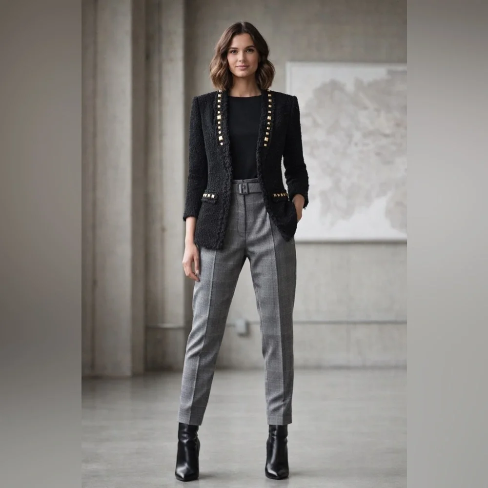 ZARA Woman Black Bouclé Tweed Blazer w/ Chrome 3D Stud Detail Frayed Trim Sz L - Picture 4 of 4